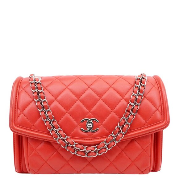 Chanel  Geometric Flap Large Lambskin Quilted Leather Crossbody Bag Red - Picture 1 of 13